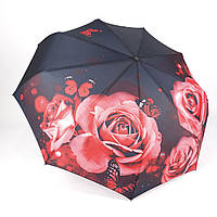 Женский складной автоматический зонт с черным куполом и красными розами