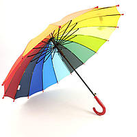 Зонтик трость полуавтомат 16 спиц для мальчика, девочки с системой антиветер, разноцветный, радуга