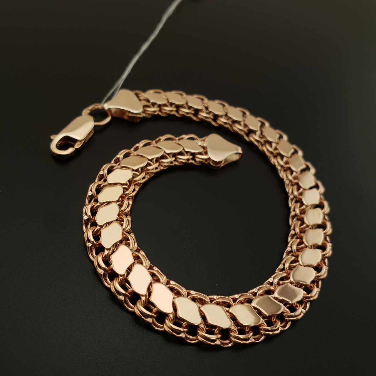 Срібний браслет з позолотою чоловічий. Двосторонній бісмарк срібло 925 з позолотою 585. Довжина 21 см, фото 1