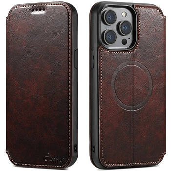 Чохол-книжка Suteni Magsafe Leather Case для Apple iPhone 15 Pro Max Dark Brown