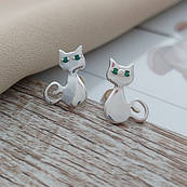 Сережки пусети срібні кішки із зеленим камінням оченятами