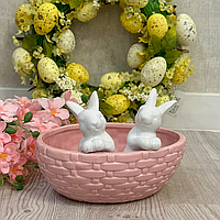 Кашпо декоративное Кролики в корзине, 21см, цвет - розовый с белым