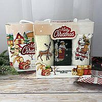 Набор махровых кухонных полотенец Турция Новый год Олень Санта Дед Мороз 5808 30х50 см 3 шт