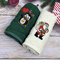 Набор махровых кухонных полотенец Турция Новый год Санта с подарками Пингвин 13937 30х50 см 2 шт