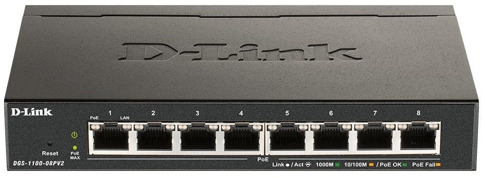D-Link Комутатор DGS-1100-08PV2 8xGE PoE 64 Вт, EasySmart