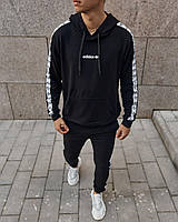 Мужская худи Adidas черного цвета, кофта черная адидас с лампасами и капюшоном