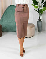 Женская трикотажная оригинальная юбка с поясом, трикотажная юбка в рубчик длины миди с разрезом спереди