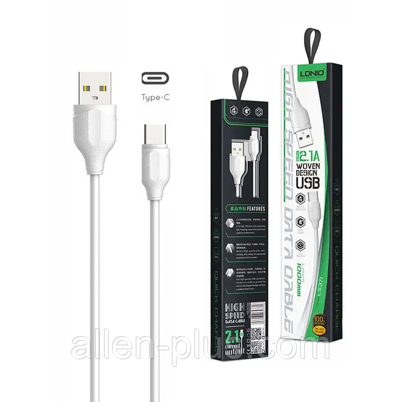 LDNIO LS371 Кабель USB Type C 1M, білий (передавання даних, заряджання)