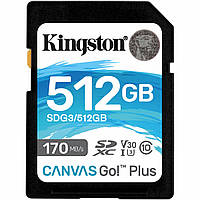 SDXC (UHS-1 U3) Kingston Canvas Go Plus 512Gb class 10 V30 (R170MB/s, W90MB/s)