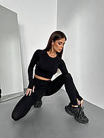 Спортивный комплект женский 2в1 черный Лосины и рашгард с длинными рукавами Костюм для тренировок спортзала