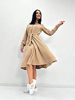Женское Модное Вельветовое Платье весеннее миди, на пуговицах, с поясом, однотонное, длинный рукав | Батал