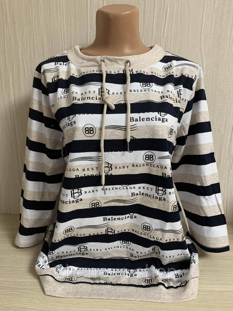 Жіноча стильна смугаста футболка з довгим рукавом у смужку, розмір 54,56, фото 1