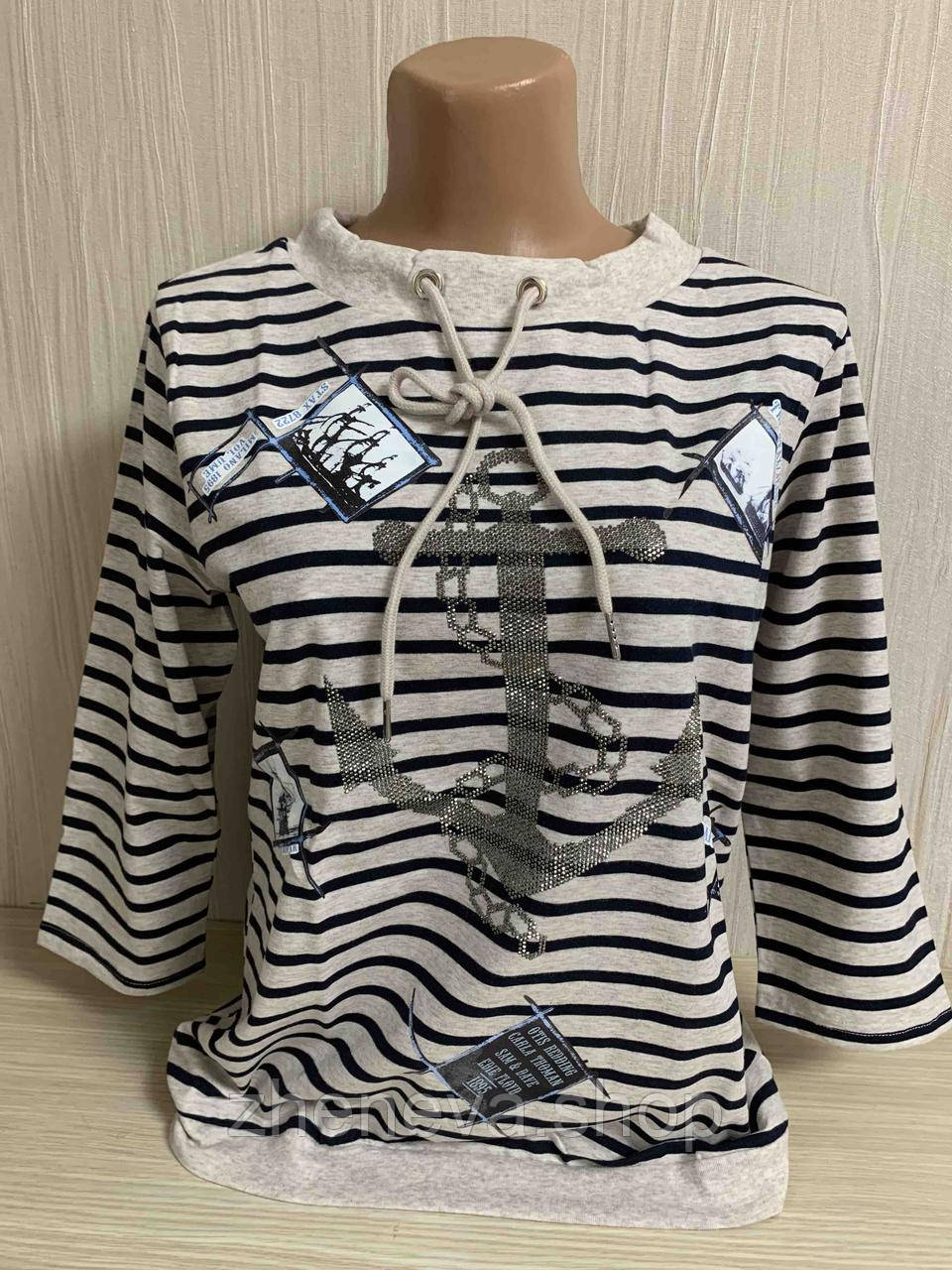 Жіноча стильна смугаста футболка з довгим рукавом у смужку малюнок якір, фото 1