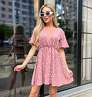 Легка літня сукня жіноча рожева коротка сукня в горох бебі долл зі спідницею клеш жіноча сукня з вирізом 42-46 48-52 розмір