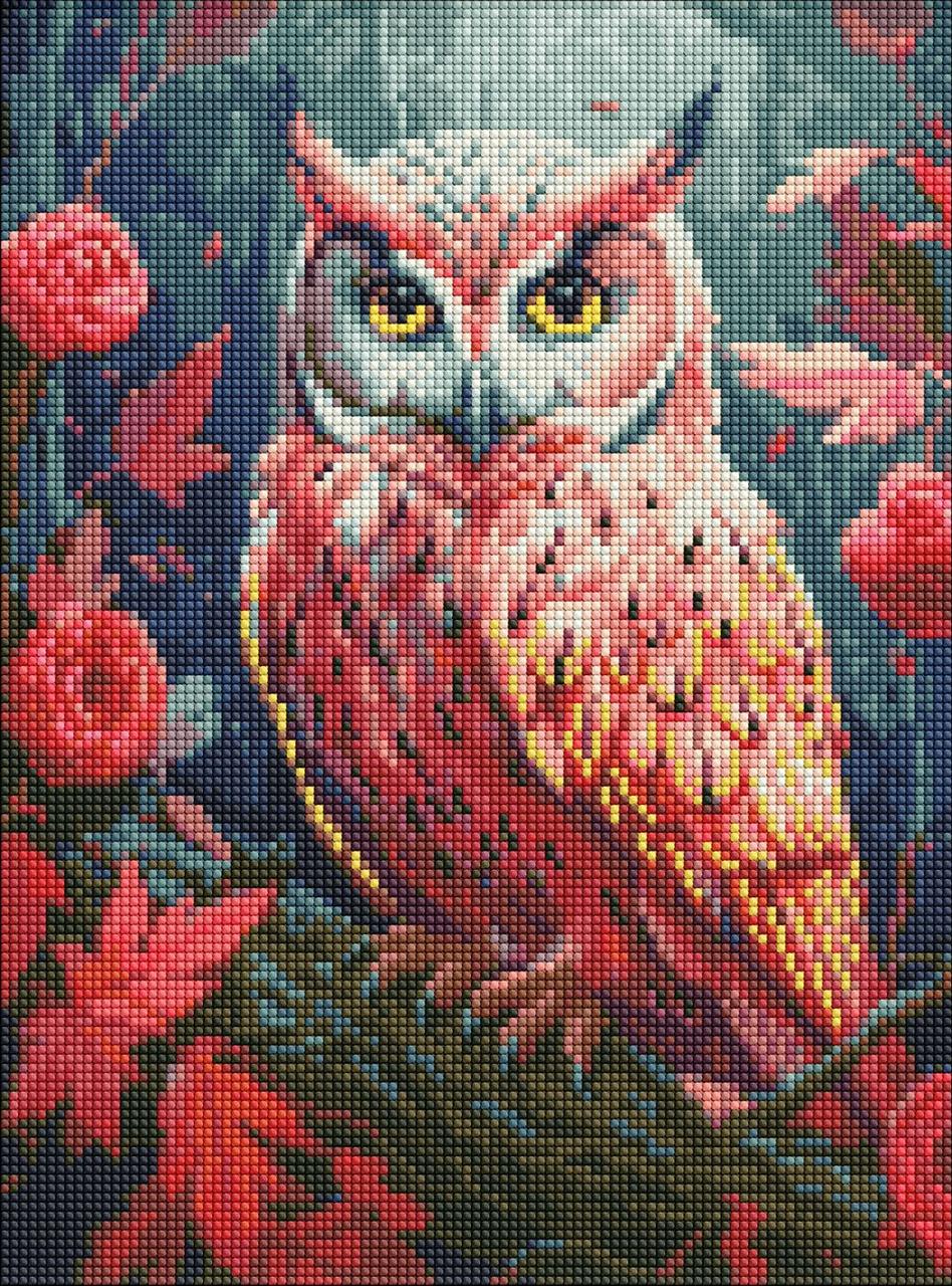 Алмазна мозаїка вишивка 30х40 см Барвиста совушка з голограмними стразами (AB) Ідейка, фото 1