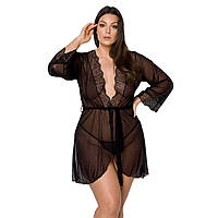 Пеньюар Passion Amberly Peignoir 6XL/7XL black, ажурные декольте и манжеты, широкие рукава TOS