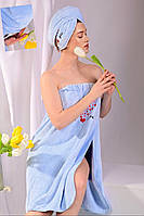Женский банный набор полотенце халат на пуговицах чалма Набор для сауны женский шапка для сушки голубой
