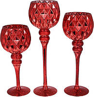 Набір 3 скляні свічники Catherine 30см, 35см, 40см, червоний келих NST