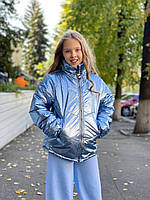 Детская демикуртка на девочку из плащевки цвета голубой металлик р. 128-146 134