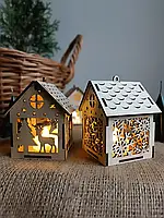 Набор из 4 деревянных домиков. Елочные украшения с подсветкой LED.