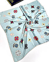 Шелковый молодежный брендовый платок Louis Vuitton Луи Витон. Стильный весенний платок с ручной подшивкой Голубой