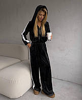 Базовый повседневный велюровый спортивный женский костюм с кофтой и брюки на высокой посадке с полосами 46/48, Чёрный