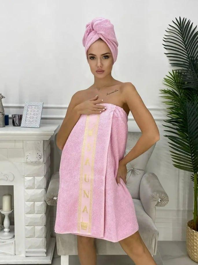 Набор для сауны женский Полотенце халат с чалмой и тапочками Махровый набор для бани Полотенце на липучке - фото 2 - id-p2142448327