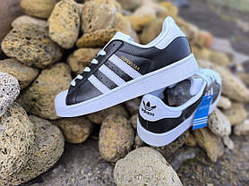 Кросівки ADIDAS SuperStar Black/White ЧОРНІ з білим шкіряні чоловічі унісекс демісезон, фото 3