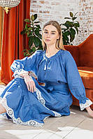 Костюм льняной в стиле бохо German Volf. 21041-1 юбка и блузка голубого цвета с кружевом-L