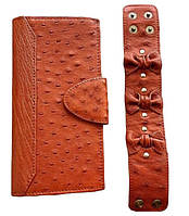 Подарочный набор кошелек и женский браслет из кожи страуса Ekzotic Leather Оранжевый (ok02)