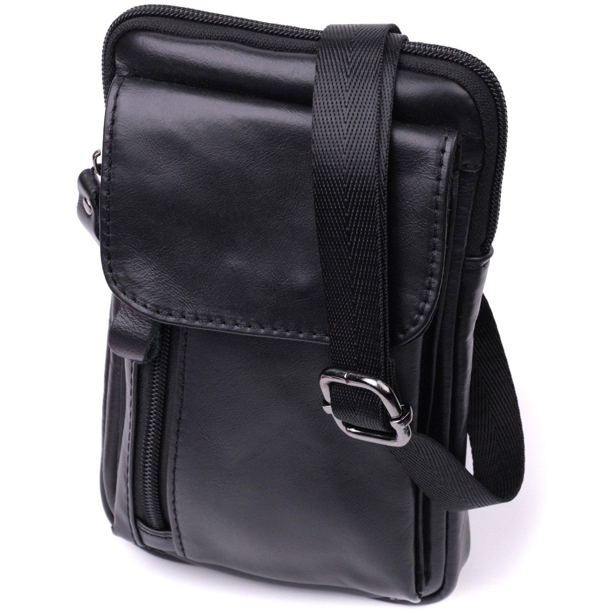 Вертикальна чоловіча сумка на пояс Vintage з натуральної шкіри чорна | шкіряна поясна сумка