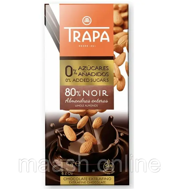 Шоколад чорний з мигдалем без цукру Trapa, 175г