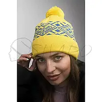 Шапка женская с бубоном и отворотом молодежная шапочка с принтом утепленная Braxton 7217 Желтый + электрик