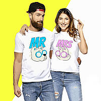 Комплект белых футболок для влюбленных с принтом "Mr Mrs. Мистер и Миссис. Собака и Кошка в очках" Кавун