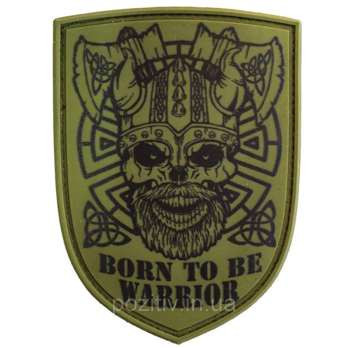 Шеврон на липучці щит череп вікінг born to be warrior олива, фото 1