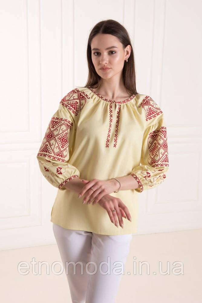 Вишиванка жіноча (льон, бавовна, віскоза) Полтава жовта з червоним