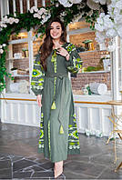 Плаття-вишиванка S,M,L сукня (льон, бавовна, віскоза) Калейдоскоп хакі