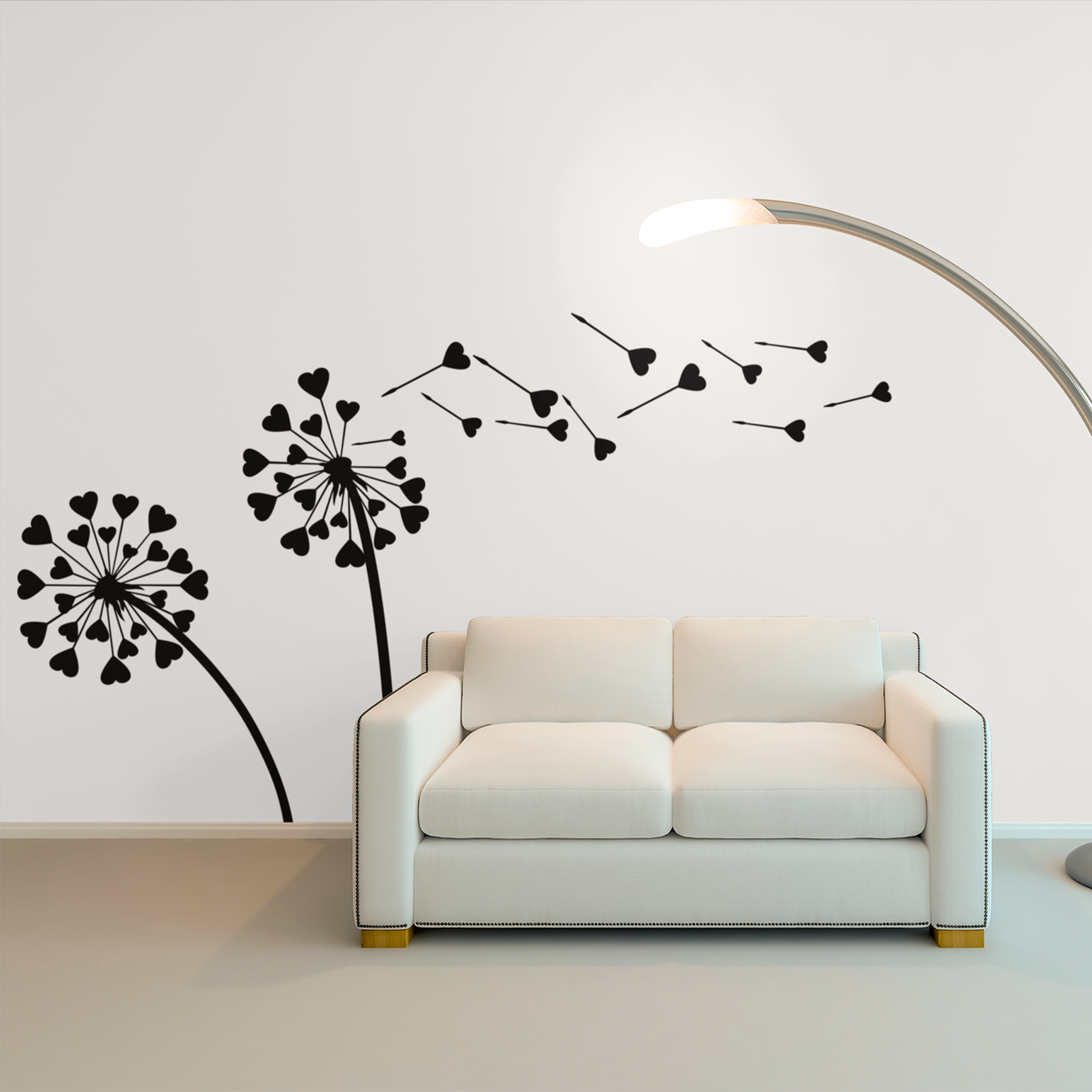 Вінілова інтер'єрна самоклейна наклейка декор на стіну (шпалери, фарбу) "Кульбабки серця" (будь-який колір) з оракалу, фото 1