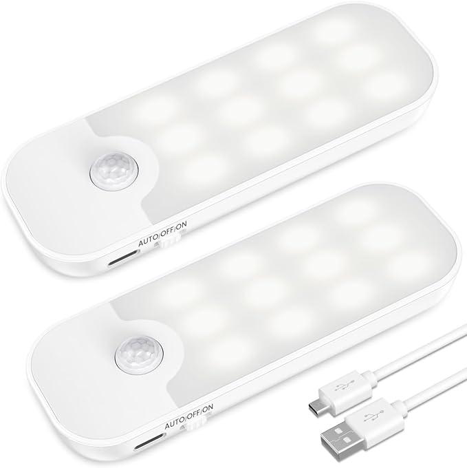 Внутрішнє освітлення з датчиком руху [2 упаковки], USB-акумуляторна нічна лампа для шафи з 3 режимами, приклеювані нічники з магні
