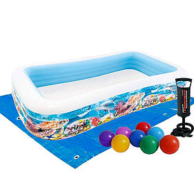 Дитячий надувний басейн Intex 58485-2 «Тропічний риф», 305 х 183 х 56 см, з кульками 10 шт, підстилкою,