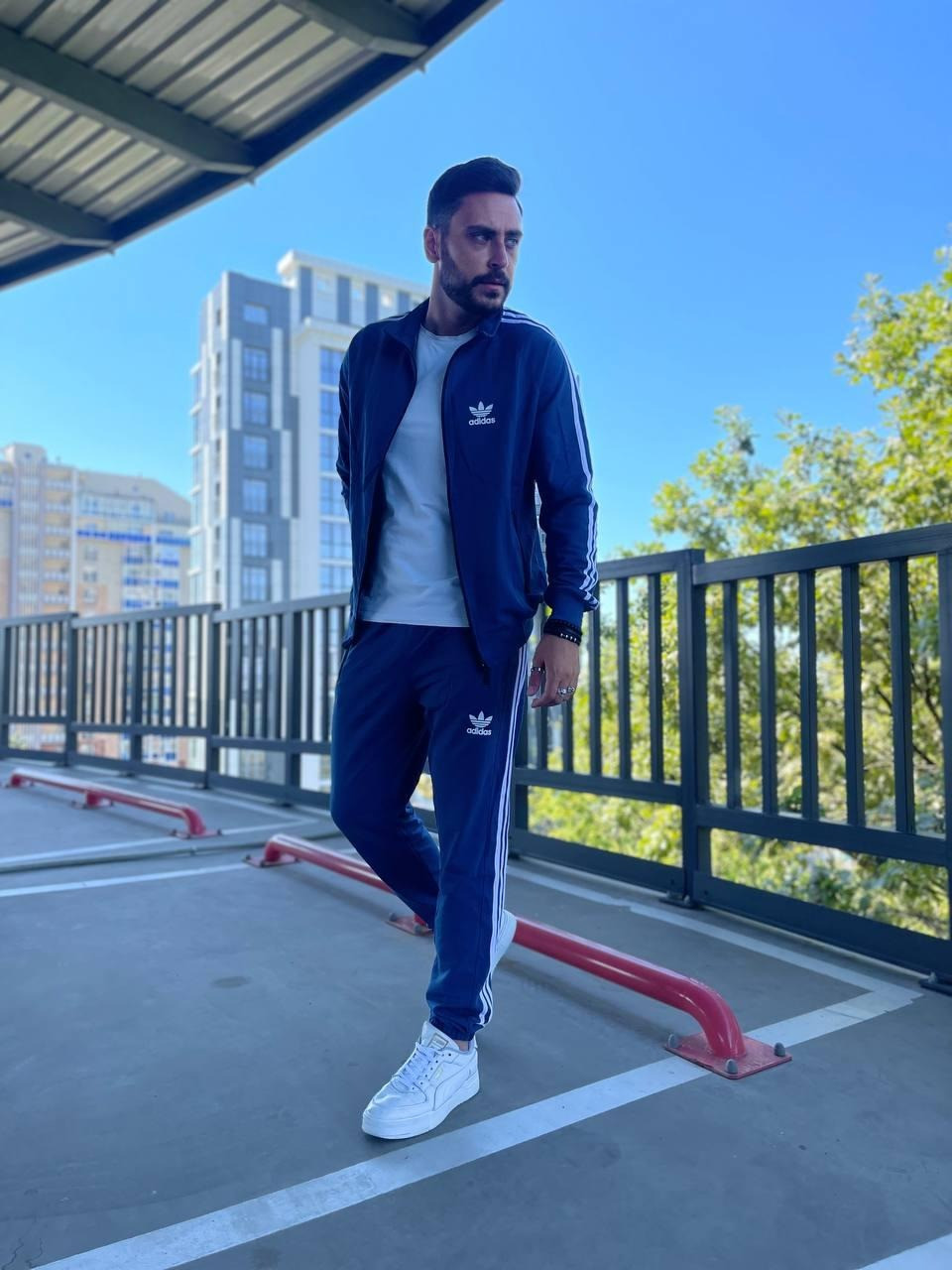 Чоловічий спортивний костюм Adidas з блискавкою без капюшона синій Комплект Адідас Кофта + Штани
