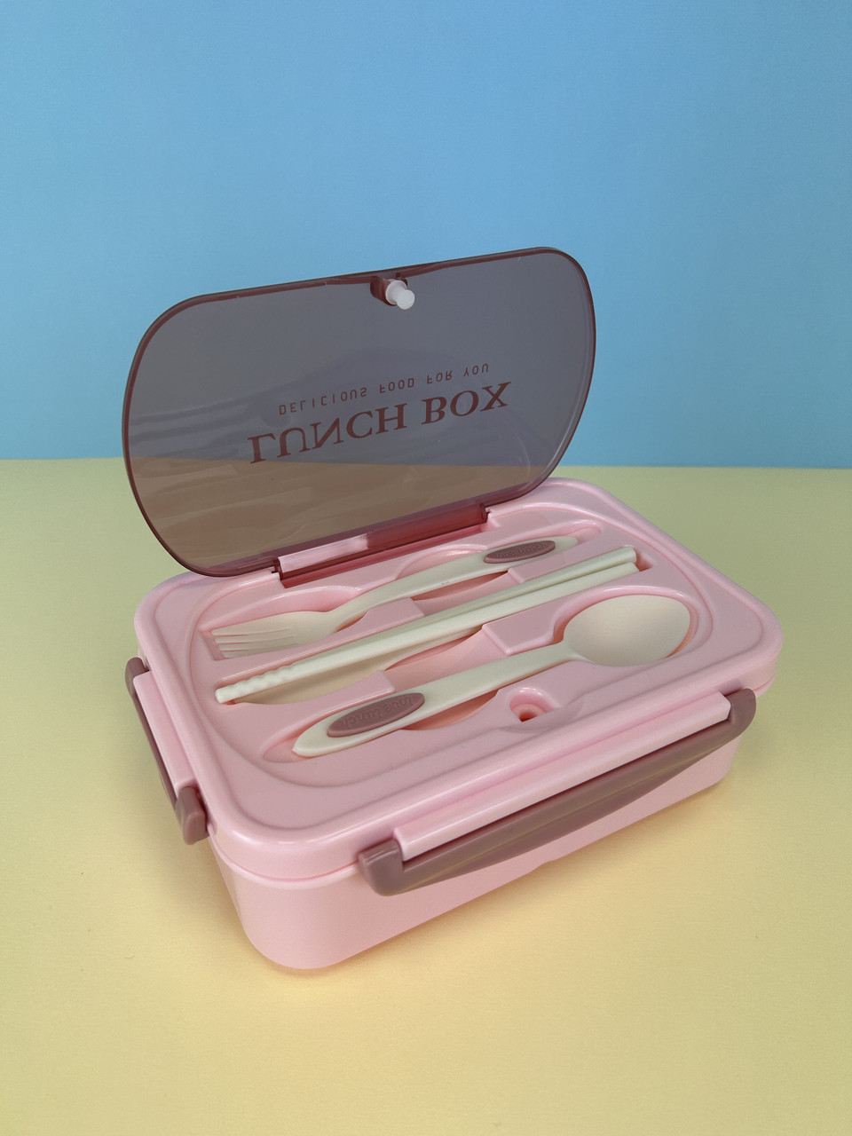 Ланч бокс однорівневий на 3 відсіки з столовими проборами Lunch Box "Airtight Leakproof" на 1200 мл, рожевий
