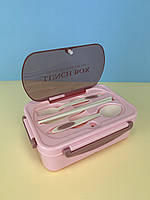 Ланч бокс одноуровневый на 3 отсека со столовыми проборами Lunch Box "Airtight Leakproof" на 1200 мл, розовый