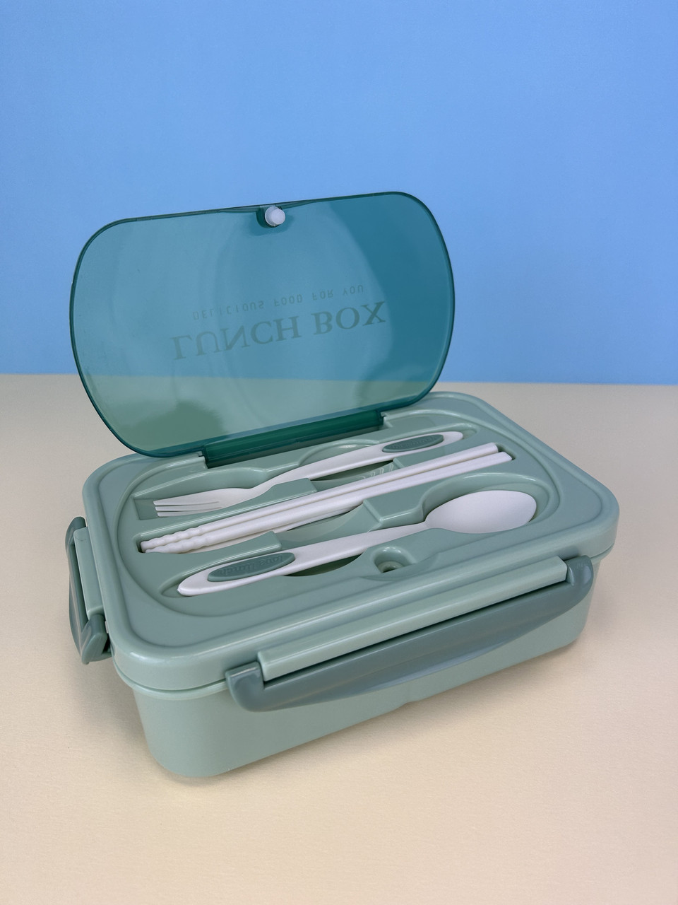 Ланч бокс однорівневий на 3 відсіки з столовими проборами Lunch Box "Airtight Leakproof" на 1200 мл, зелений