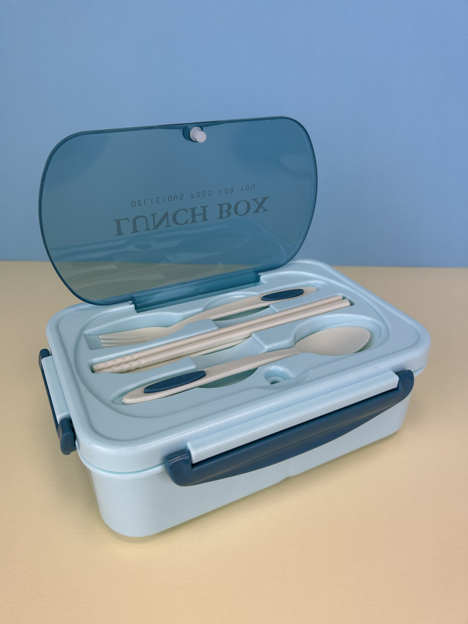Ланч бокс однорівневий на 3 відсіки з столовими проборами Lunch Box "Airtight Leakproof" на 1200 мл, синій