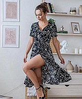 Літня сукня на запах чорна з квітами легка жіноча сукня з коротким рукавом міді з поясом сукня на літо 44-46 розмір
