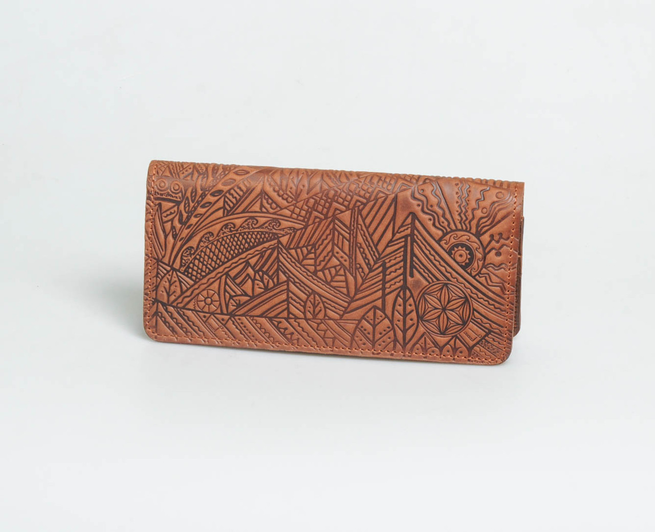 Гаманець з тисненим орнаментом "Карпати", натуральна шкіра, коричневого кольору, 20х21 см, фото 1