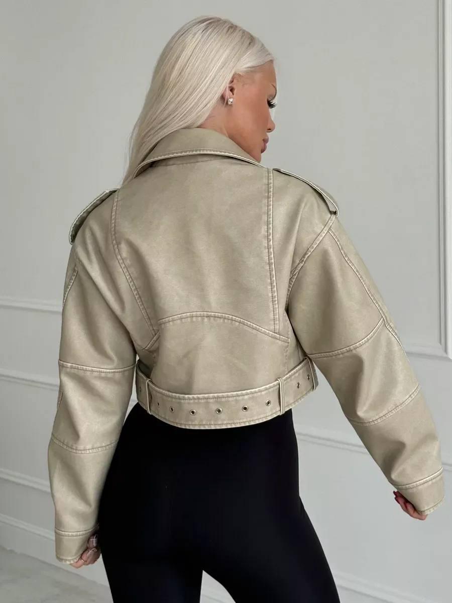 Женская весенняя кожаная короткая куртка в стиле Zara косуха эко кожа на подкладке укороченная с поясом Молочный, 44 - фото 3 - id-p2143826912