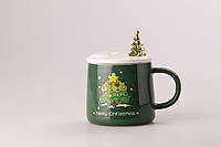 Чашка керамическая 500 мл Merry Christmas с крышкой и ложкой Зеленый DM-11