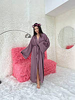 Стильный качественный женский длинный шелковый халат на запах из шелка армани цвет мокко длинный пенюар M